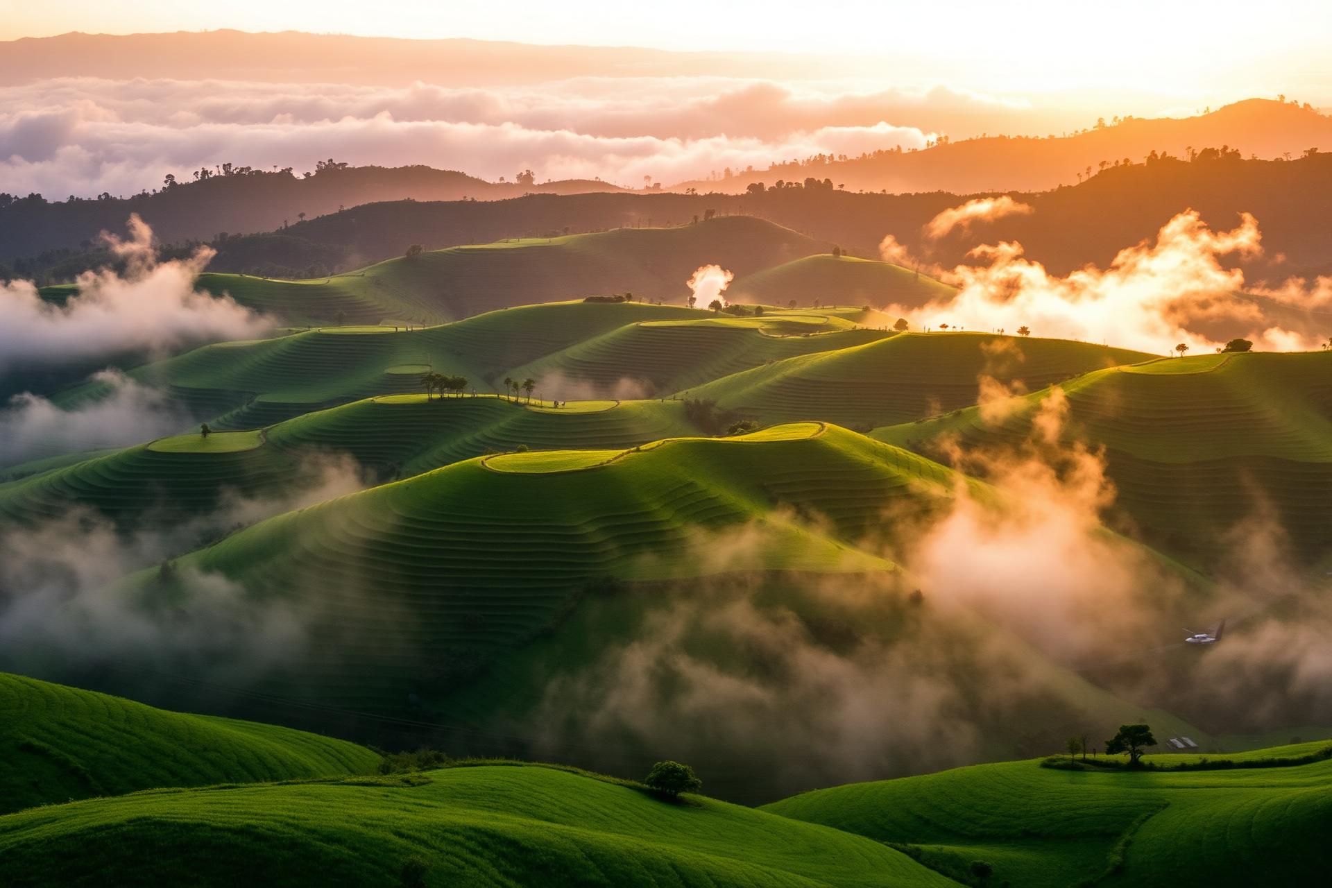 Rolling green hills of Ntungamo District at sunrise